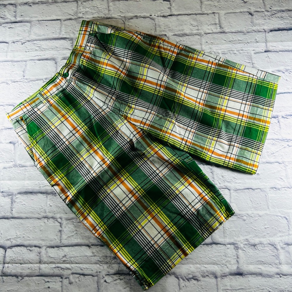 Noiz Mens Bermuda Golf Shorts Size 36 Green Orange Plaid Flat Front 100% Cotton
